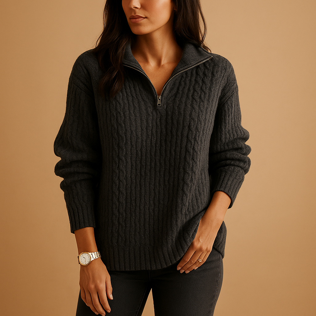 Chic half zip sweater for women with a flattering tailored fit, available in khaki, dark gray, gray, blue, and black.