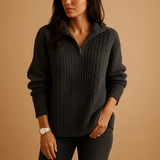 Chic half zip sweater for women with a flattering tailored fit, available in khaki, dark gray, gray, blue, and black.