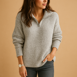 Chic half zip sweater for women with a flattering tailored fit, available in khaki, dark gray, gray, blue, and black.