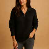 Chic half zip sweater for women with a flattering tailored fit, available in khaki, dark gray, gray, blue, and black.