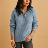 Chic half zip sweater for women with a flattering tailored fit, available in khaki, dark gray, gray, blue, and black.