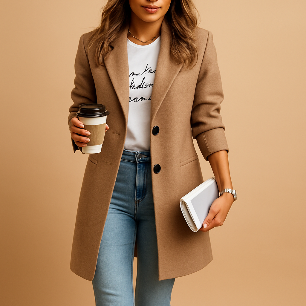 Elegant mid-length coat for women with a tailored fit and refined details. Available in black, camel, and navy for versatile everyday styling.