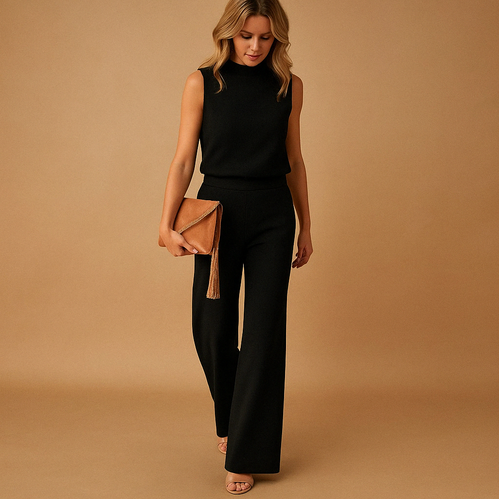 Elegant wide-leg jumpsuit for women with round neckline and refined silhouette, perfect for work, parties, and special occasions.