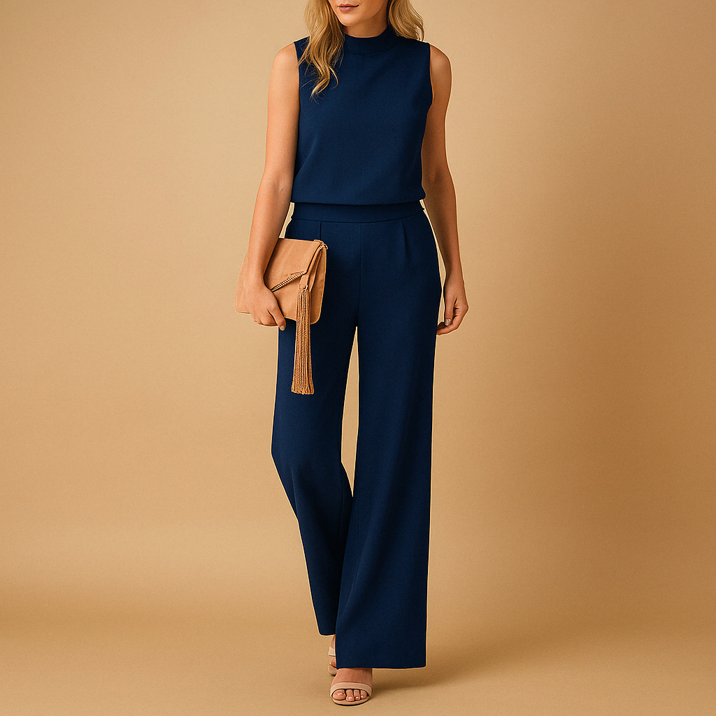 Elegant wide-leg jumpsuit for women with round neckline and refined silhouette, perfect for work, parties, and special occasions.