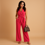 Elegant wrap jumpsuit for women with wide legs and tailored fit, ideal for formal occasions, business events, and stylish gatherings.