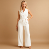 Elegant wrap jumpsuit for women with wide legs and tailored fit, ideal for formal occasions, business events, and stylish gatherings.