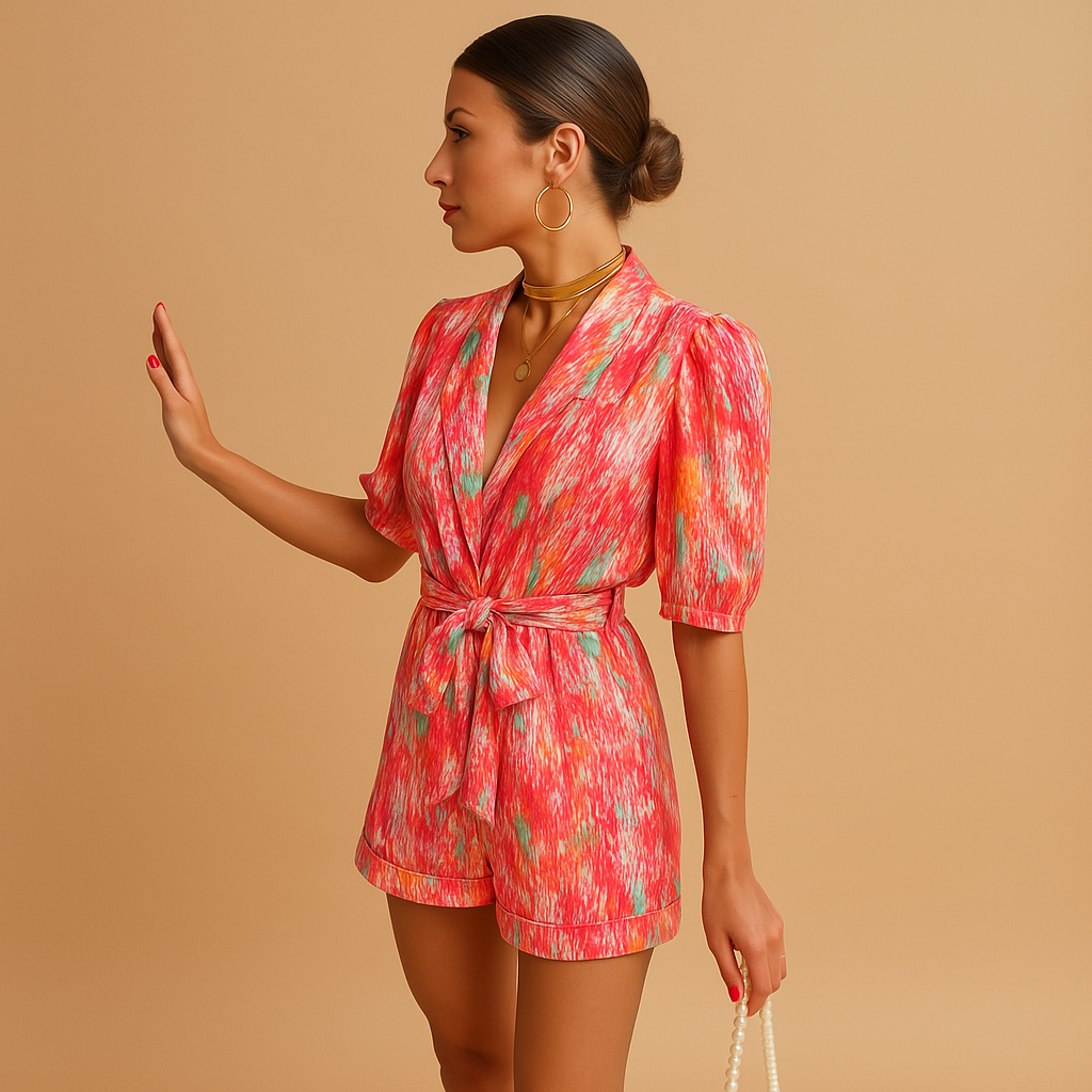 Floral short jumpsuit for women with waist belt and vibrant print, perfect for warm days, summer occasions, and stylish evenings out.