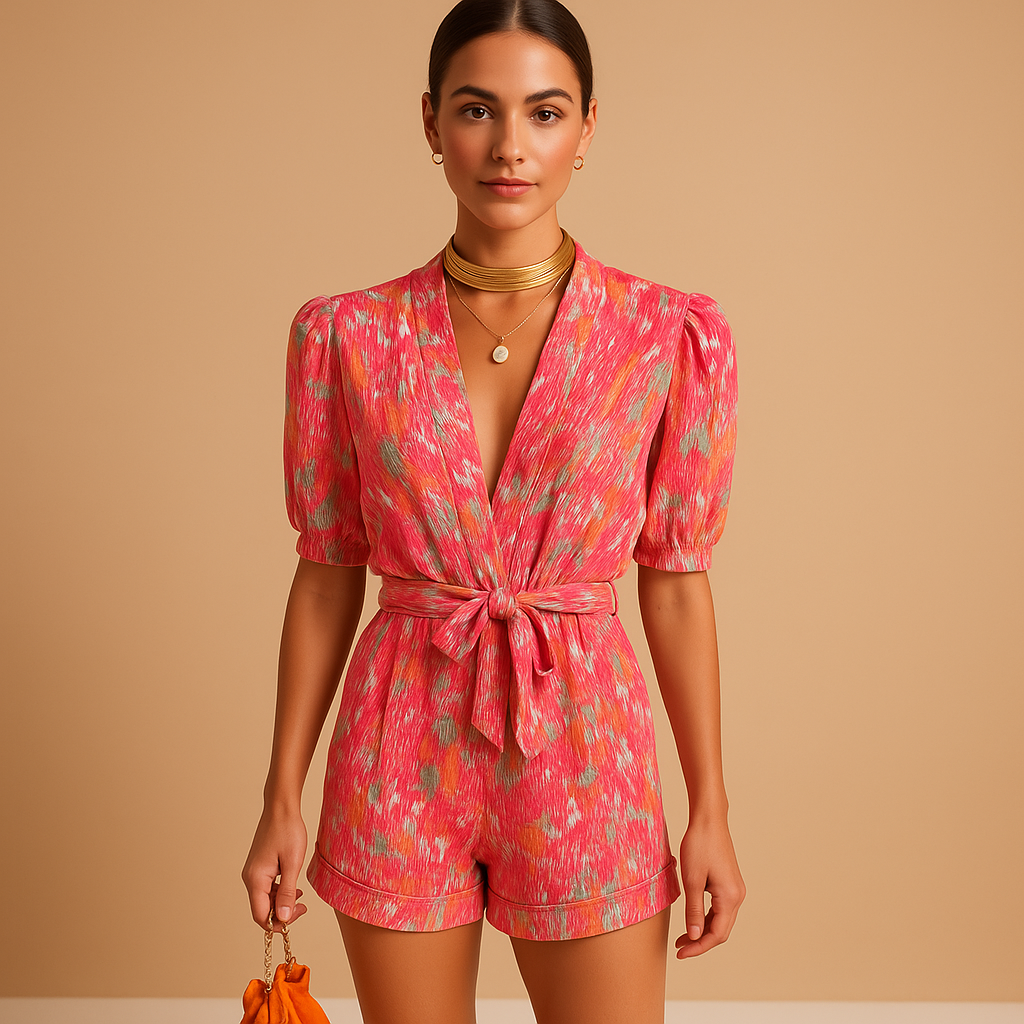 Floral short jumpsuit for women with waist belt and vibrant print, perfect for warm days, summer occasions, and stylish evenings out.
