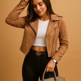 Lightweight fitted jacket for women with tailored fit, breathable fabric, zipper closure, stand-up collar, and pockets. Perfect for daily and formal wear.