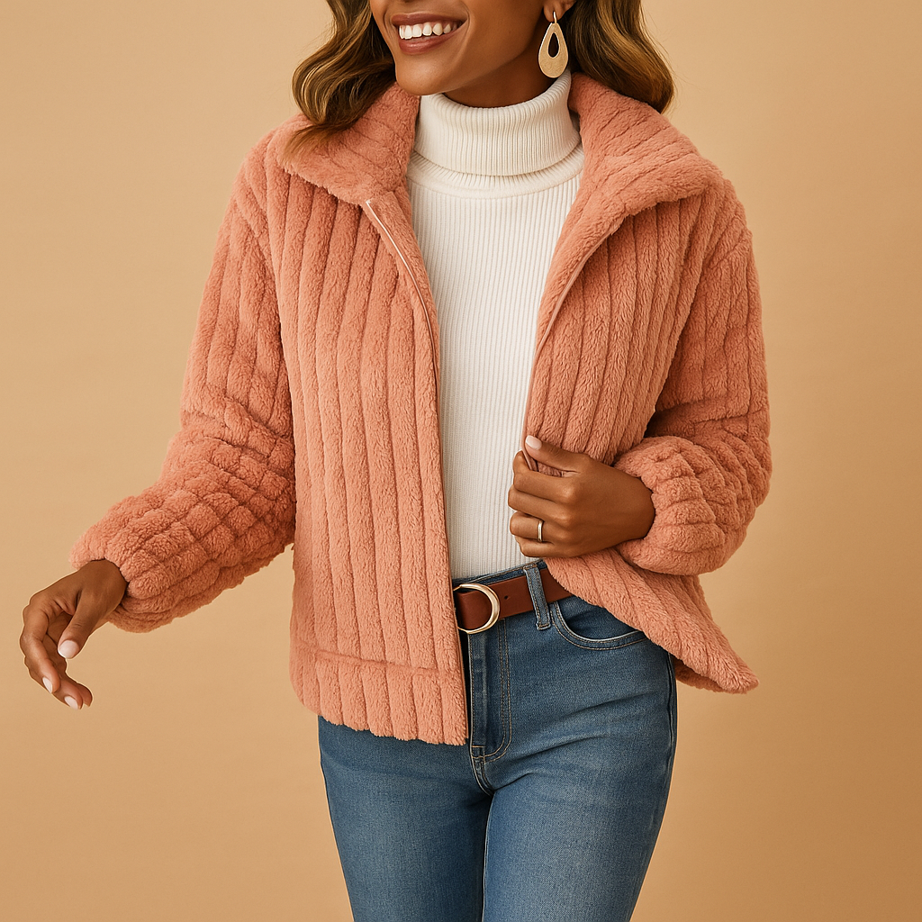 Long fleece jacket for women with stand collar, practical pockets, and cozy fit, available in beige, gray, black, and blue.