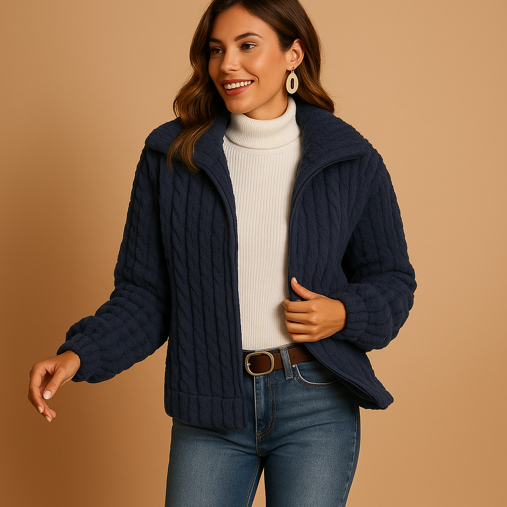 Long fleece jacket for women with stand collar, practical pockets, and cozy fit, available in beige, gray, black, and blue.
