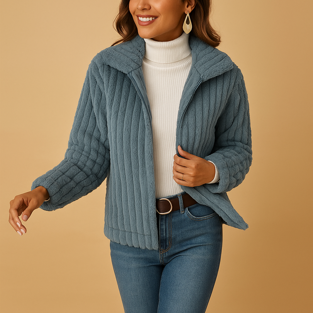 Long fleece jacket for women with stand collar, practical pockets, and cozy fit, available in beige, gray, black, and blue.