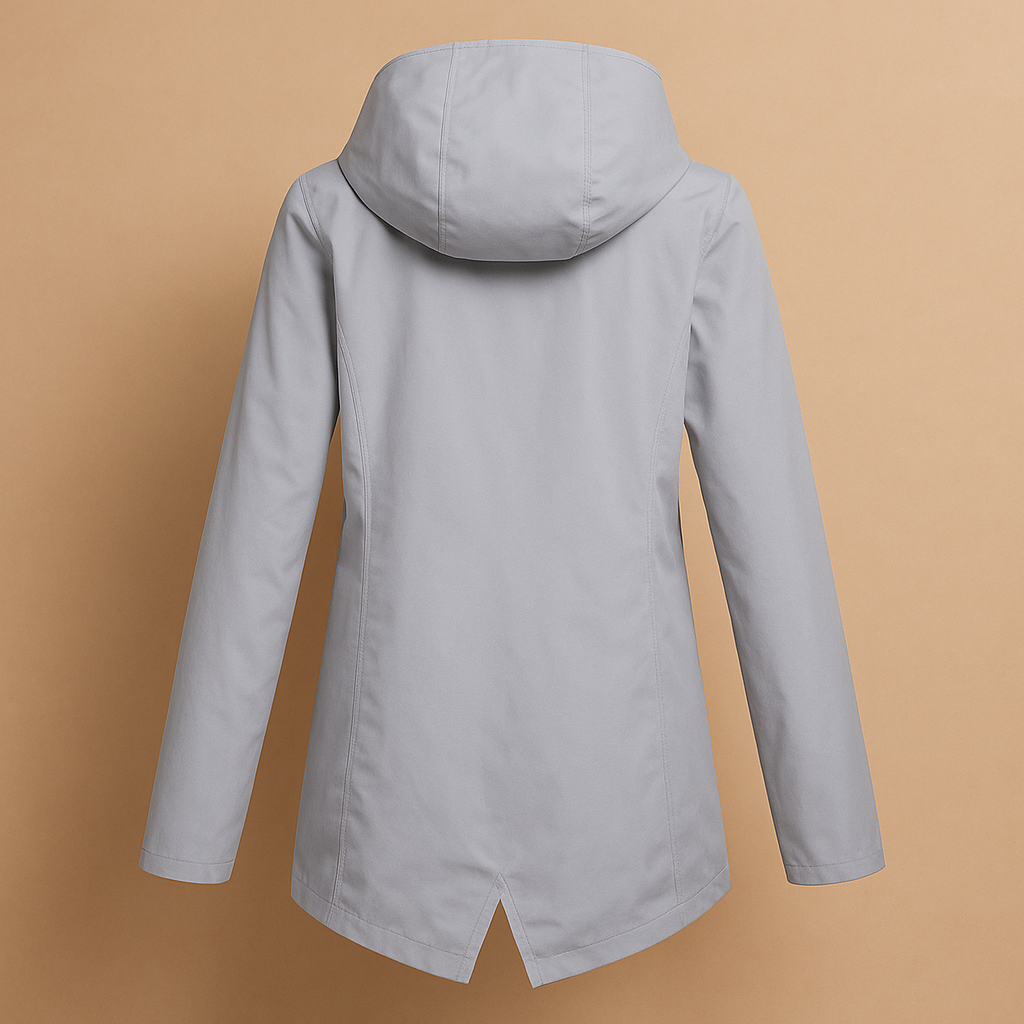 Long waterproof raincoat for women with hood and breathable fabric, available in apricot, blue, coffee, gray, white, and wine red.