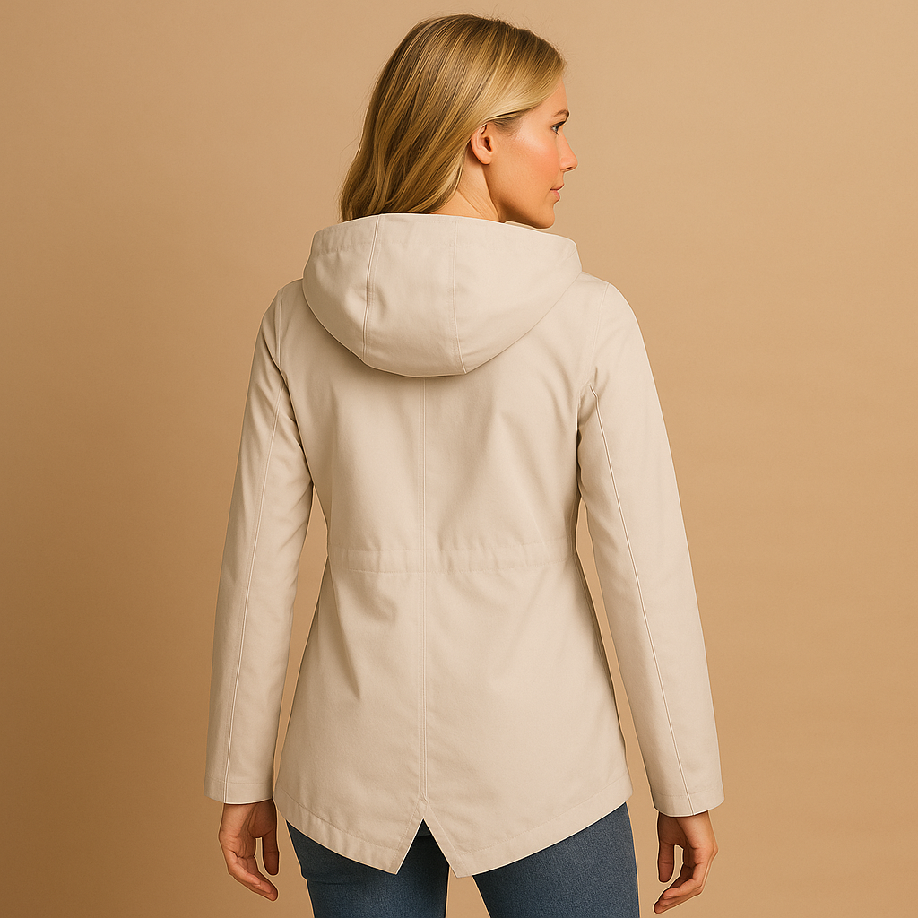 Long waterproof raincoat for women with hood and breathable fabric, available in apricot, blue, coffee, gray, white, and wine red.