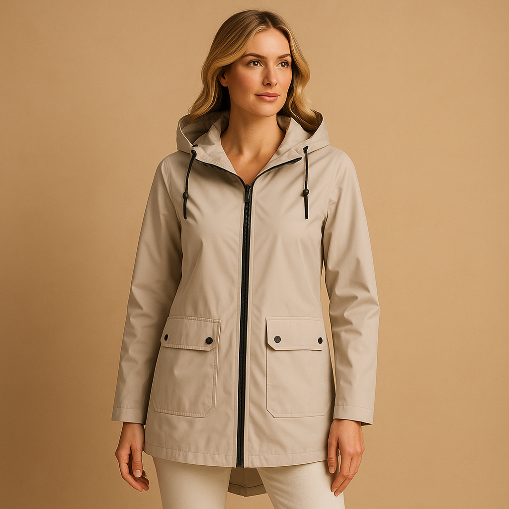 Long waterproof raincoat for women with hood and breathable fabric, available in apricot, blue, coffee, gray, white, and wine red.