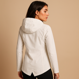 Long waterproof raincoat for women with hood and breathable fabric, available in apricot, blue, coffee, gray, white, and wine red.