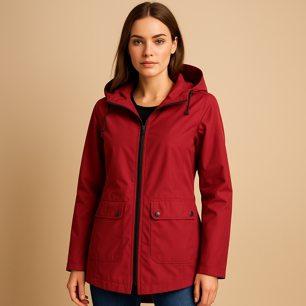Long waterproof raincoat for women with hood and breathable fabric, available in apricot, blue, coffee, gray, white, and wine red.