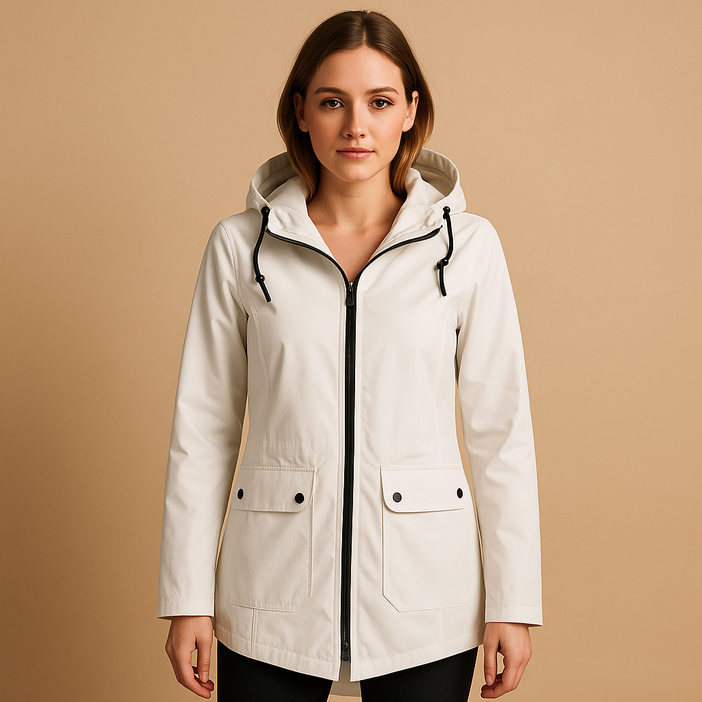 Long waterproof raincoat for women with hood and breathable fabric, available in apricot, blue, coffee, gray, white, and wine red.