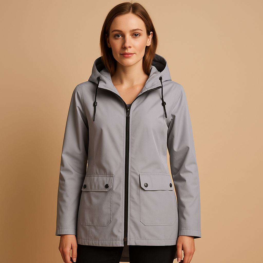 Long waterproof raincoat for women with hood and breathable fabric, available in apricot, blue, coffee, gray, white, and wine red.