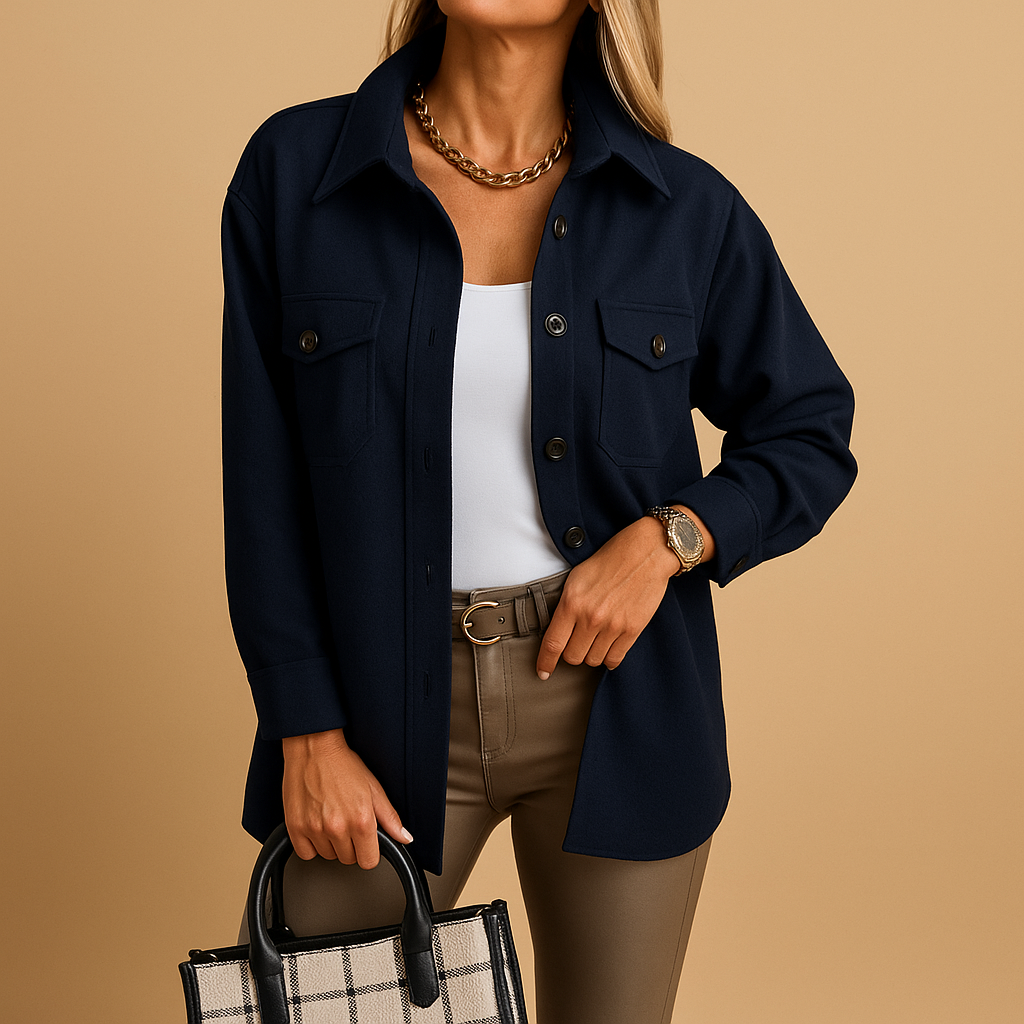 Waterproof windproof jacket for women with fold-over collar, button closure, and pockets. Available in multiple colors, perfect for work or casual wear.