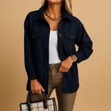 Waterproof windproof jacket for women with fold-over collar, button closure, and pockets. Available in multiple colors, perfect for work or casual wear.