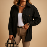Waterproof windproof jacket for women with fold-over collar, button closure, and pockets. Available in multiple colors, perfect for work or casual wear.