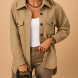 Waterproof windproof jacket for women with fold-over collar, button closure, and pockets. Available in multiple colors, perfect for work or casual wear.