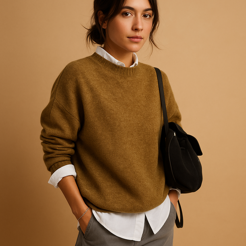 Wool knit sweater for women in a minimalist design, available in black, beige, and taupe, perfect for casual or semi-formal outfits.