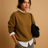 Wool knit sweater for women in a minimalist design, available in black, beige, and taupe, perfect for casual or semi-formal outfits.