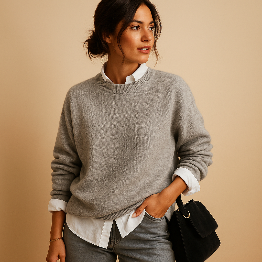 Wool knit sweater for women in a minimalist design, available in black, beige, and taupe, perfect for casual or semi-formal outfits.