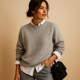 Wool knit sweater for women in a minimalist design, available in black, beige, and taupe, perfect for casual or semi-formal outfits.