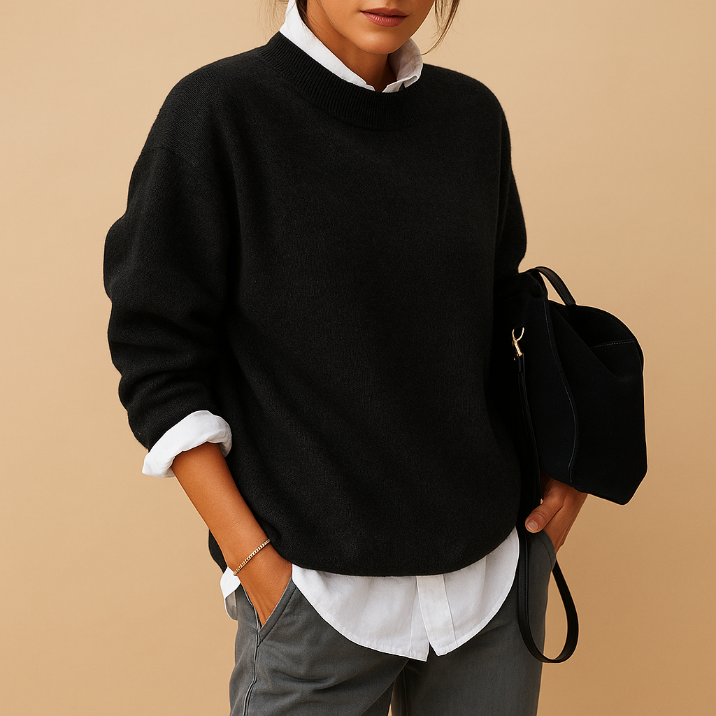 Wool knit sweater for women in a minimalist design, available in black, beige, and taupe, perfect for casual or semi-formal outfits.