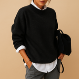 Wool knit sweater for women in a minimalist design, available in black, beige, and taupe, perfect for casual or semi-formal outfits.